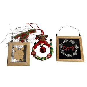 Set Of 3 Christmas Hanging Ornaments Wood Reindeer Wreath Joy Sign Ring of Bells